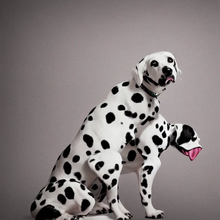 Image similar to vogue photoshoot octane render portrait of 1 0 1 dalmatian with white background, focus bright colorful pastel exotic vintage boutique hotel lounge, very short depth of field, bokeh