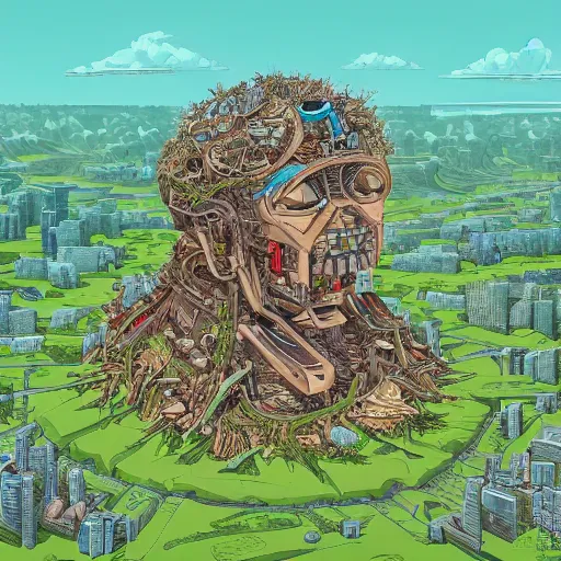 Prompt: hyper detailed comic illustration of a giant half buried robot head being reclaimed by nature , by Josan Gonzalez and Geof Darrow, isometric aerial view, highly detailed, 8k wallpaper