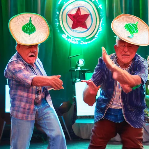 Prompt: 3 grandpas wearing mexican hats and twerking on a stage, realistic faces, photorealistic