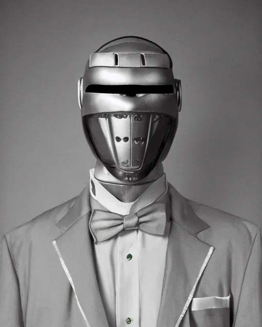 Image similar to Eddie Mendoza portraits of a anthropomorphic-robot cyber-face techno mask in black tie suit retro photo by Louis Daguerre