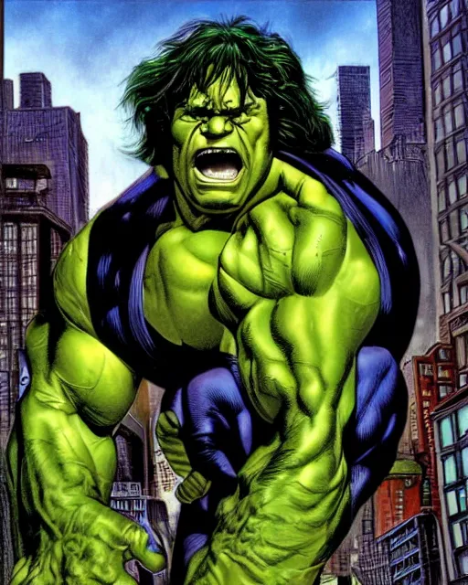 Prompt: a portrait of the incredible hulk looking angry in new york city by joe jusko. dramatic lighting.