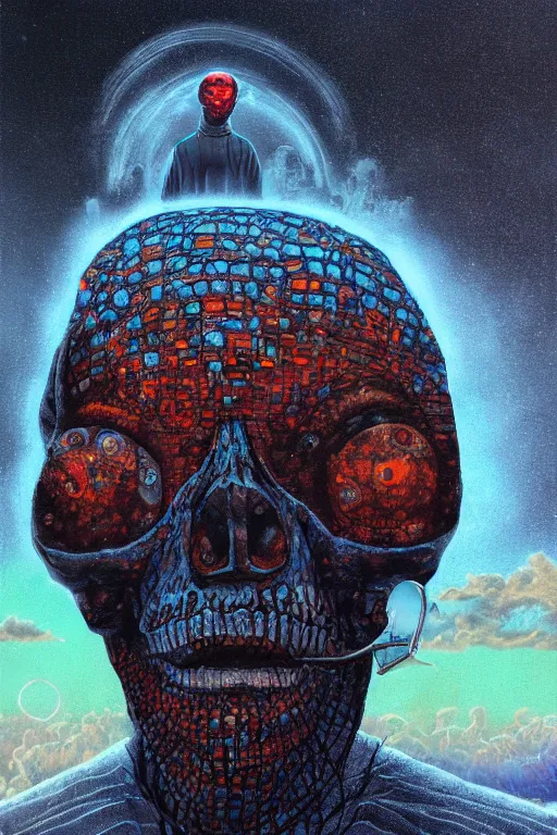 Prompt: 4K Malcom X cyberskull portrait inspired in beksinski and dan mumford work, remixed with Simon Stalenhag work, sitting on the cosmic cloudscape