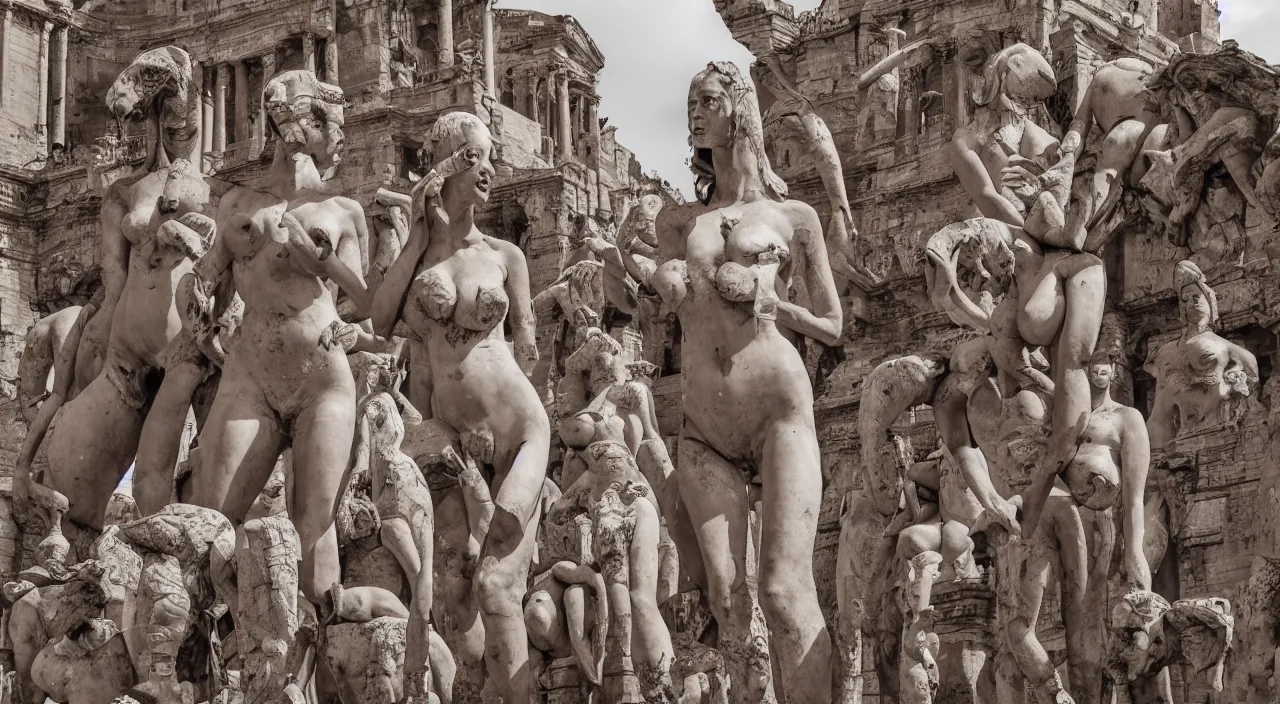 Prompt: 5 0 giant women body sculptures shaping as colums and sculptures a surrealistic building at the kingdom of julius caesar, roman historic works, hyper - detailed, artstation trending, world renowned artists, historic artworks society, antique renewel, good contrast,, cgsociety, deviantart, 2 4 mm lens, photorealist, national geographic