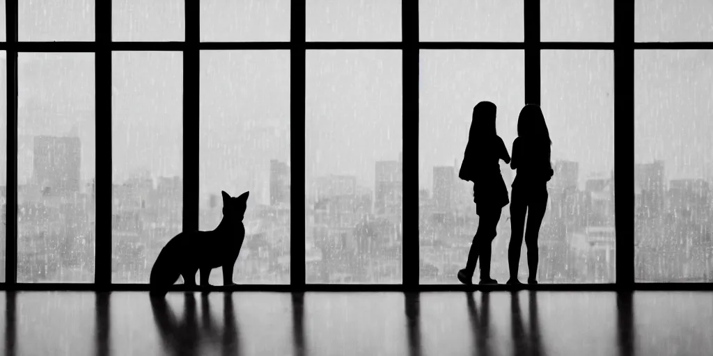 Prompt: silhouette of a girl and her cat, looking out a window on a rainy day, inside a cozy apartment, with a city view.