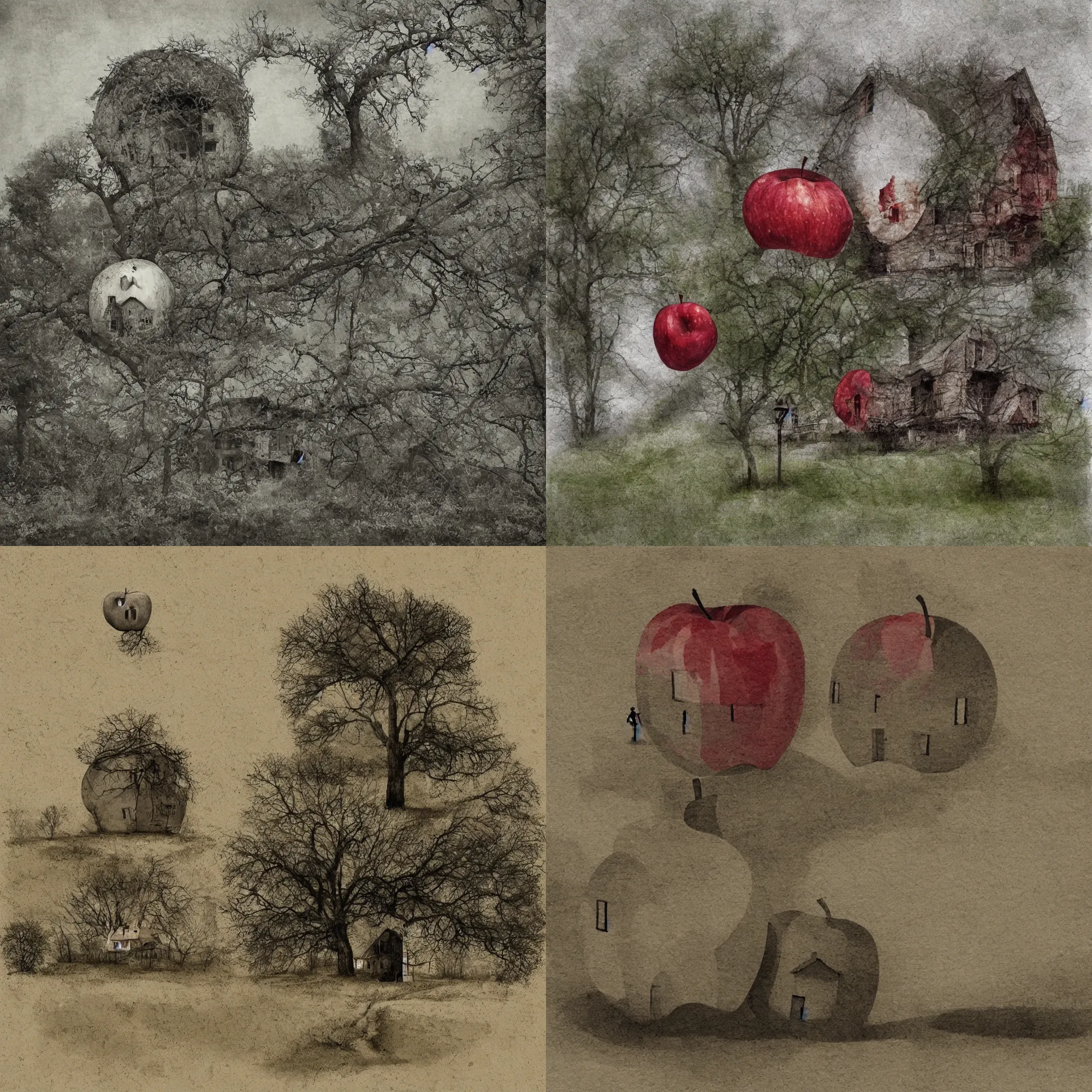 Prompt: house in a giant apple in the style of Tadeusz Dominik