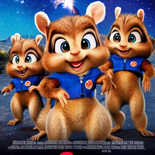 Prompt: alvin and the chipmunks live action sequel where they go to the moon and team up with soldiers in space