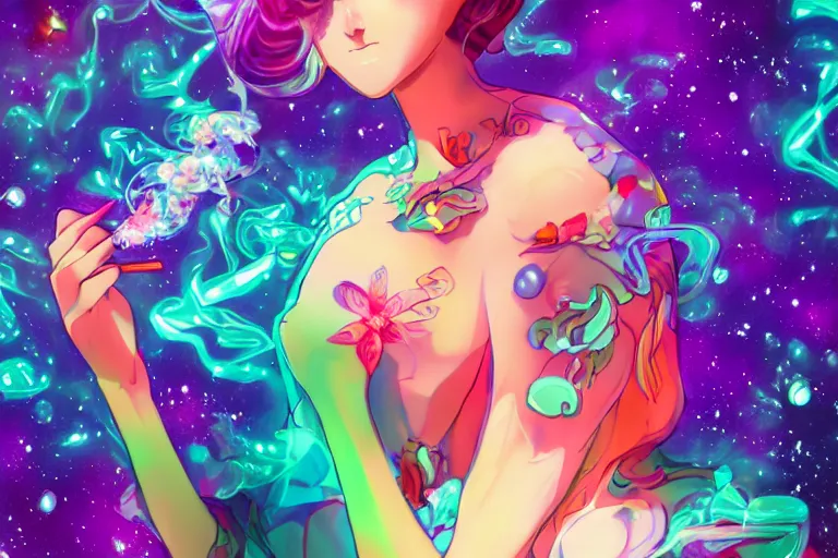 Prompt: psychedelic, full body, whimsical, anime, 4k, beautiful intimate woman blowing smoke, with professional makeup, long trippy hair, a crystal and flower dress, sitting in a reflective pool, surrounded by gems, underneath the stars, rainbow fireflies, trending on patreon, deviantart, twitter, artstation, volumetric lighting, heavy contrast, art style of Ross Tran and Viktoria Gavrilenko and Ilya Kuvshinov