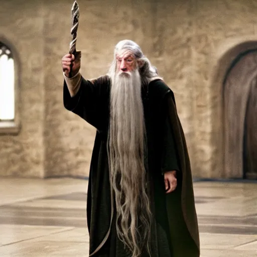 Image similar to Gandalf as Defense against the Dark Arts teacher in Hogwarts