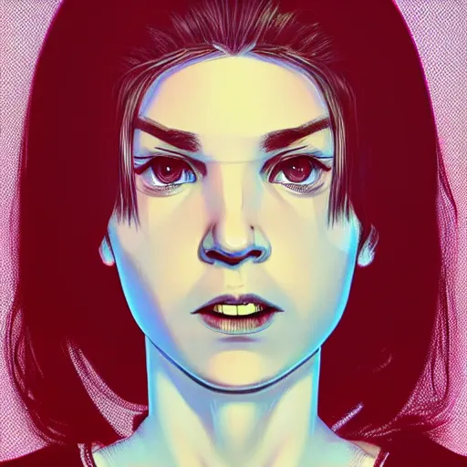 Image similar to bored actress with tired eyes and dark circles looking at the camera. underground box office hit, comedy and seventies italian horror movie, unreal engine, intricate, ultra detailed 8 k, ambient occlusion, best, cool, extremely beautiful and aesthetic shape of face and neck, art by hiroaki samura and ilya kuvshinov and rossdraws andy warhol, inverted color