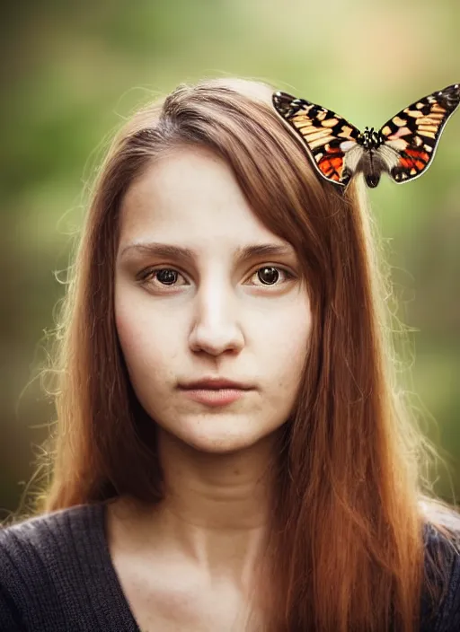 Prompt: portrait of a 2 3 year old woman, symmetrical face, birds and many butterflies in her hear, she has the beautiful calm face of her mother, slightly smiling, ambient light