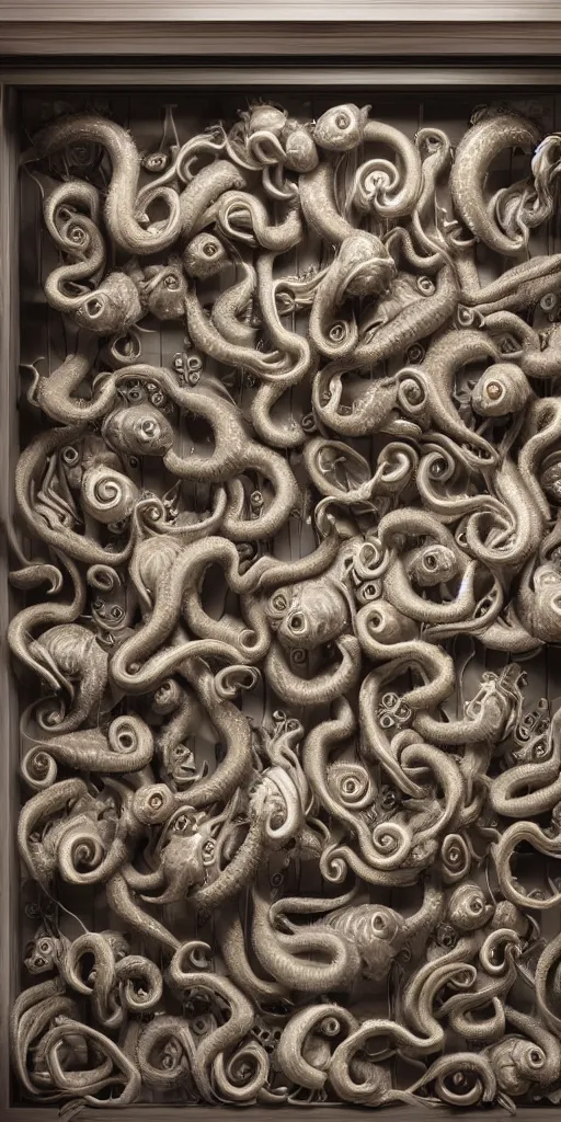 Image similar to a wideshreen photo of a huge cabinet full of octopuses cinematic lighting, silverplate, hyper realistic, very detailed, Octane render 8k