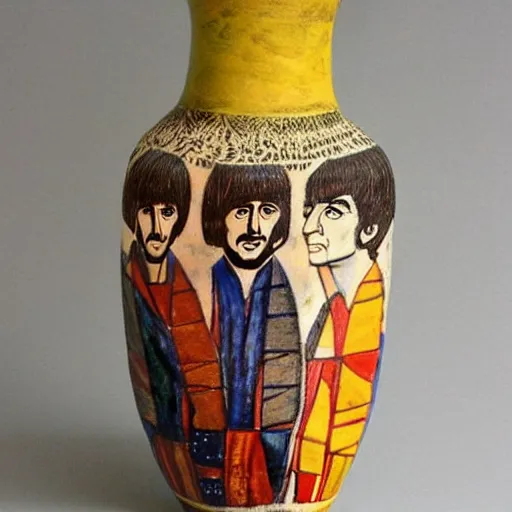 Prompt: vase work, vase art of The beatles in art style of greek art, fragmented clay firing Greek vase with an The beatles, greek art!!!!! greek art