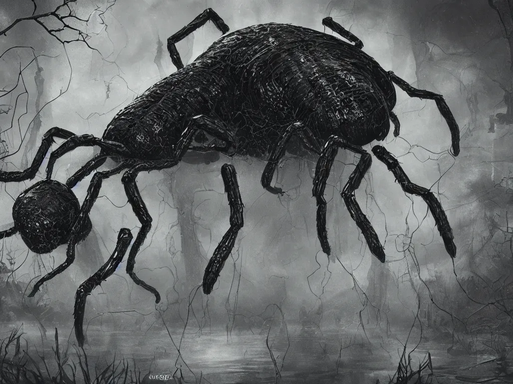 Prompt: Giant black spider climbing out of a swamp. Concept art. 4k. High detail. In the style of Lovecraft.