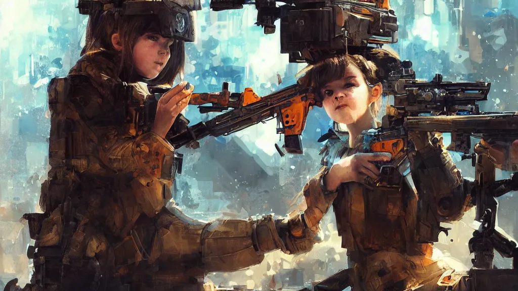 Prompt: portrait of the little girl with blue eyes is melted under machinegun fire, digital art, illustration, highly detailed, art by finnian macmanus