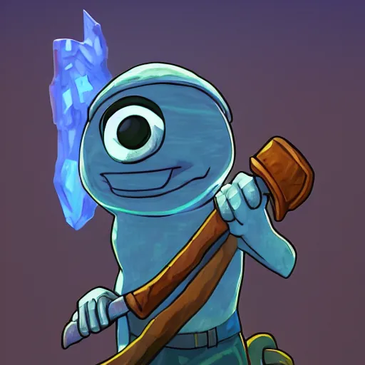 Image similar to pepe the miner with a big spoon full of blue crystals, dark cave, artstation, dramatic light, low angle