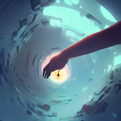 Image similar to hand with and eye in the center, floating in a spiraling abyss, scifi, painted by pedro correa, cory loftis, james gilleard, atey ghailan, makoto shinkai, goro fujita, studio ghibli