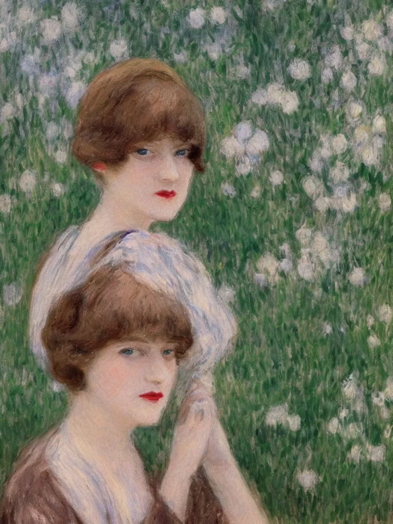 Image similar to portrait of < zelda fitzgerald > as a beautiful young lady wearing 1 9 2 0 s fashion, blurry face, brown hair, slim, fair, severe out of focus, depth of field, pleinairism, in the sun, backlit, closeup, oil on canvas, atr by monet, in the style of le promenade, smooth, impressionnisme, 8 k