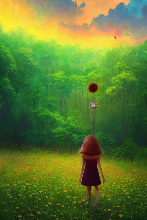 Prompt: giant daisy flower head, girl walking in a green forest, surreal photography, sunrise, dramatic light, impressionist painting, colorful clouds, digital painting, artstation, simon stalenhag