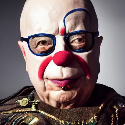 Prompt: UHD candid color photo of Klaus Schwab dressed as dystopian emperor, wearing accurate clown makeup, accurate face, UHD, photorealistic, correct face, photo by Annie Leibowitz