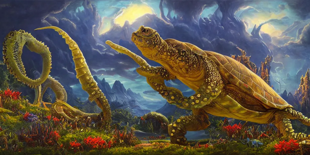 Image similar to fantasy oil painting, great leviathan, cybernetic turtle cephalopod terrapin reptilian pachyderm squid, bella hadid, hybrid, milla jovovich, anubis, epic natural light, lush plants flowers, spectacular mountains, bright clouds, luminous sky, outer worlds, golden hour, michael cheval, edward hopper, michael whelan, vray, hd