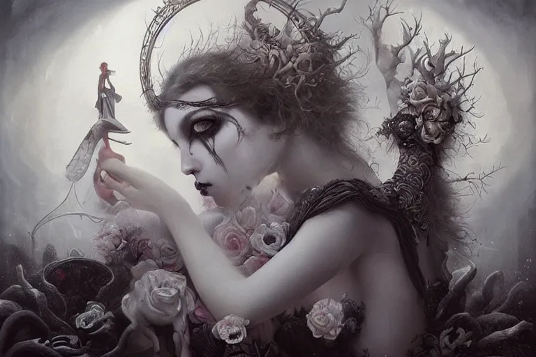 Prompt: By Tom Bagshaw, ultra realist soft painting of curiosities carnival by night, very beautiful horn single female gothic wearing corset sleeping on a overlord of the dead bed, symmetry features, very intricate details, omnious sky, black and white, volumetric light clouds