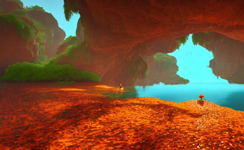 Image similar to a cave lake with some orange fish swimming inside, studio ghibli, pixar style, octane render, unreal engine 5, path traced, highly detailed, high quality, 8 k, soft lighting, godrays, complementary colors, natural lighting, water parallax, serene landscape, beautiful, elegant, digital painting