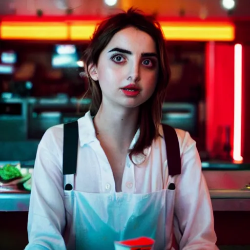 Image similar to ana de armas portrait working in a fast food restaurant, in a cinematic cyberpunk style, 3 5 mm