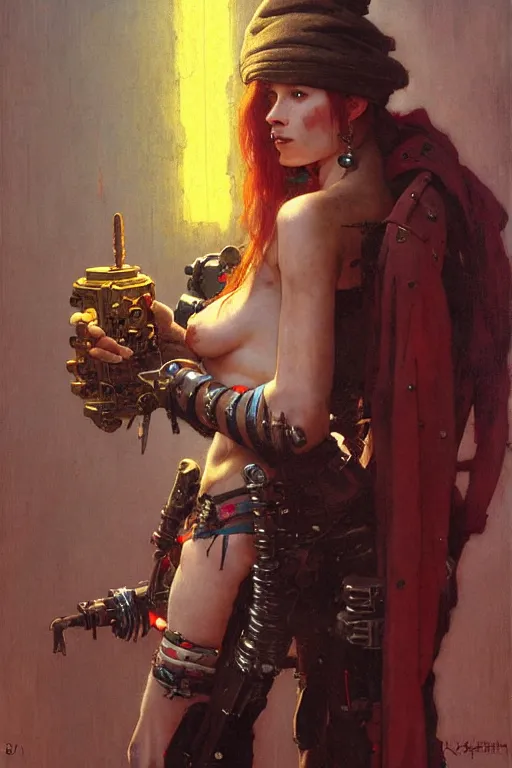 Image similar to full character portrait max mad cyberpunk warhammer 4 0 k, barbarian medic not the girl with the pearl earring character design, painting by gaston bussiere, katsuya terada, nc wyeth, greg rutkowski, craig mullins, vermeer, frank frazetta, mucha, tom of finland, trending on artstation, jeffery catherine jones