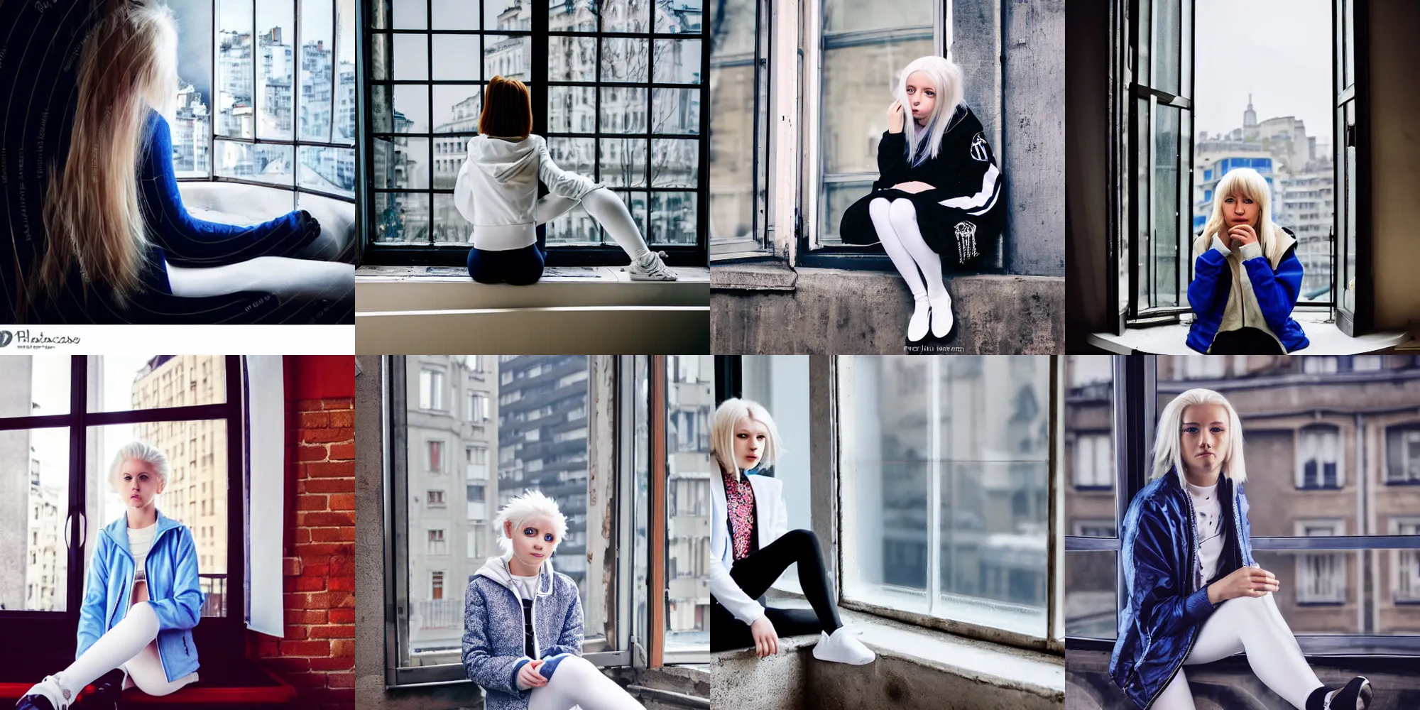 Prompt: 19-year-old matryoshka platinum-blonde-haired hime-cut blue-eyed French empress wearing white leggings and black jacket, looking out open window, sitting in French apartment, communist city, futuristic city, cyberpunk city, HD photograph