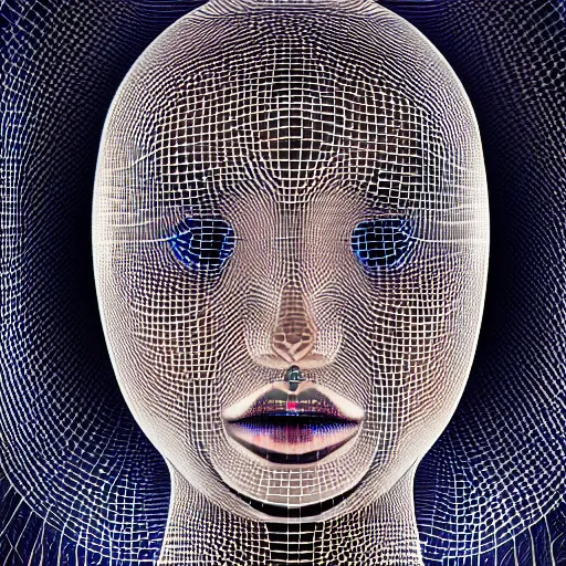 Prompt: surrealistic 3d illustration of a human face made of holographic chrome-plated material, concept of cyborg and artificial intelligence