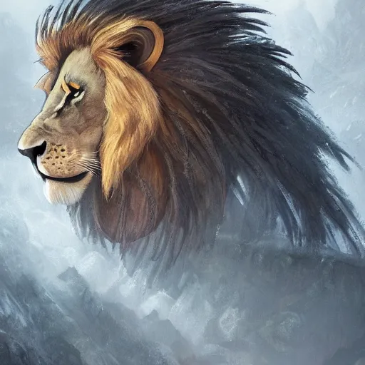Image similar to a giant lion wearing heavy armor, artstation hall of fame gallery, editors choice, #1 digital painting of all time, most beautiful image ever created, emotionally evocative, greatest art ever made, lifetime achievement magnum opus masterpiece, the most amazing breathtaking image with the deepest message ever painted, a thing of beauty beyond imagination or words, 4k, highly detailed, cinematic lighting