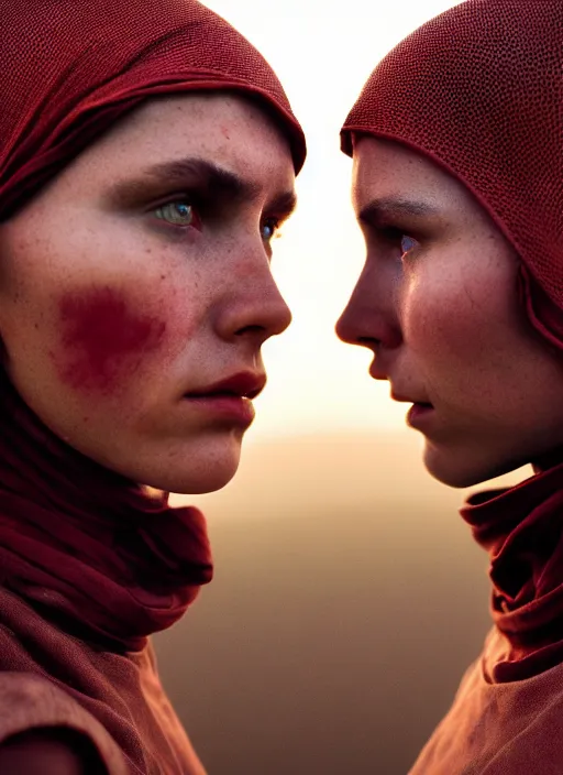 Image similar to cinestill 5 0 d photographic portrait by steve mccurry of two loving female androids wearing rugged black mesh techwear on a desolate plain with a red sky, extreme closeup, cyberpunk style, dust storm, 8 k, hd, high resolution, 3 5 mm, f / 3 2, ultra realistic faces, ex machina