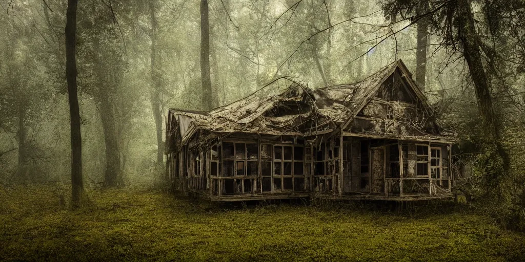 Prompt: an abandoned and decrepit wooden house in a lush forest, architectural photography, dark and dim lighting, beautiful, tranquil, moody, cinematic, fantasy, 3 5 mm lens, volumetric lighting, first person view, photographic render, hyper realistic