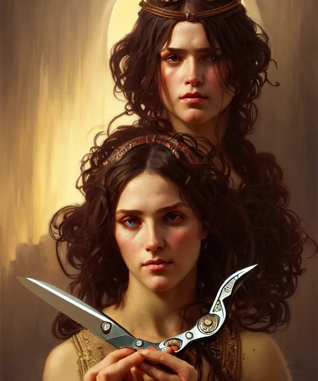 Prompt: portrait of biblical delilah holding medieval shear scissors, intricate, headshot, highly detailed, digital painting, artstation, concept art, sharp focus, cinematic lighting, illustration, art by artgerm and greg rutkowski, alphonse mucha, cgsociety