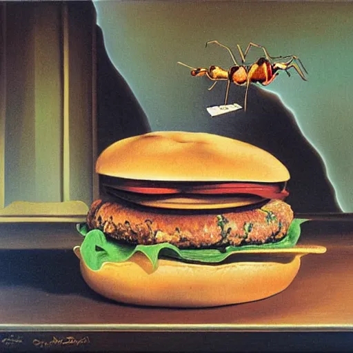 Prompt: Burger with ants, painting by Salvador Dali