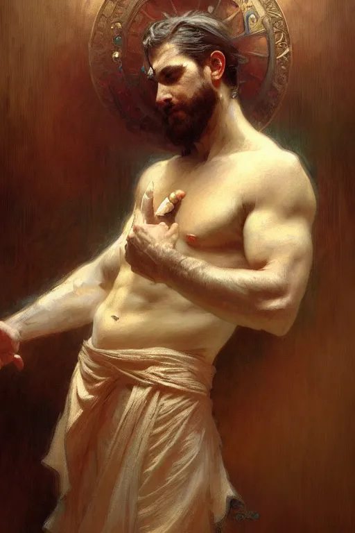 Image similar to god of music, male character design, painting by gaston bussiere, craig mullins, greg rutkowski, alphonse mucha, trending on artstation