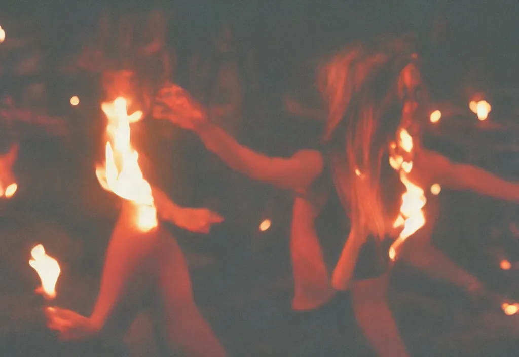 Prompt: lomo photo of young woman dancing and writhing in ecstasy around a fire as the dark ritual begins, cinestill, bokeh, out of focus