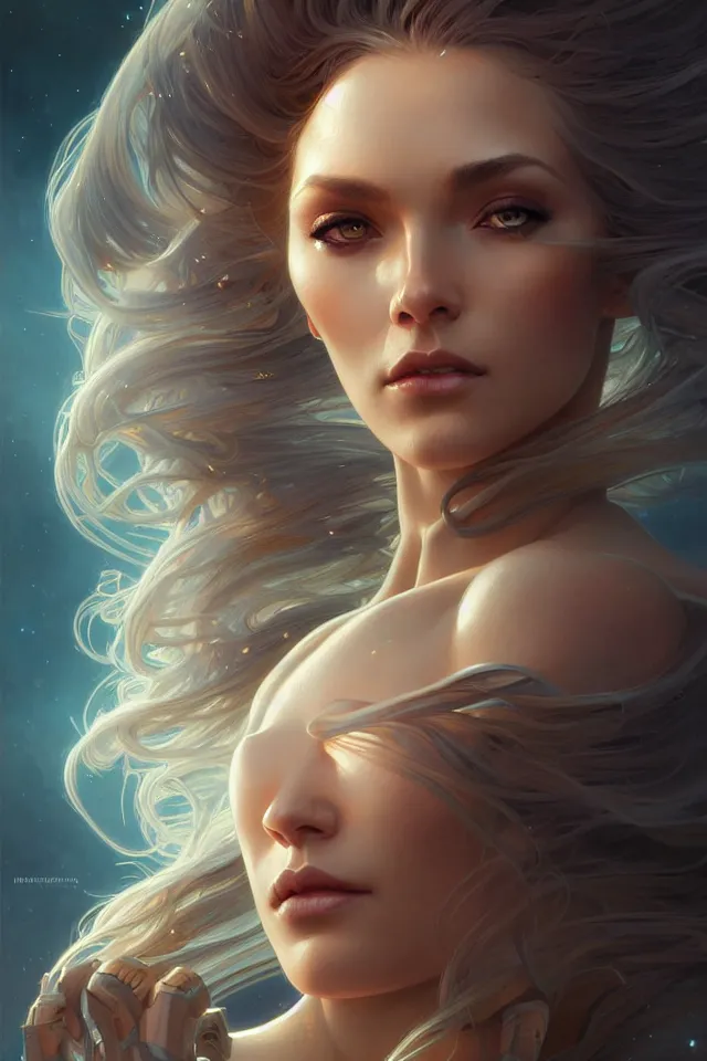 Image similar to futuristic woman portrait, sci-fi, amber eyes, face, long hair, fantasy, intricate, elegant, highly detailed, digital painting, artstation, concept art, smooth, sharp focus, illustration, art by artgerm and greg rutkowski and alphonse mucha