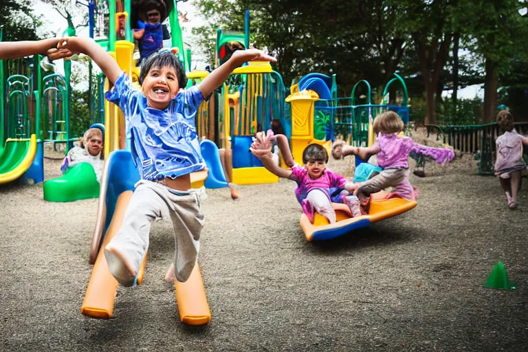 Image similar to photo of grogu going down a slide at a children’s playground, his arms are in the air and he’s smiling, shallow depth of field, Nikon 50mm f/1.8G,