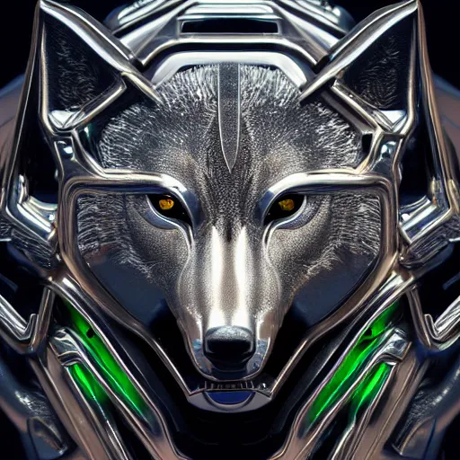 Image similar to chrome wolf, glossy, metallic, neon, symmetrical, tribal patterns, realistic, unreal engine, octane, redshift, artstation, behance