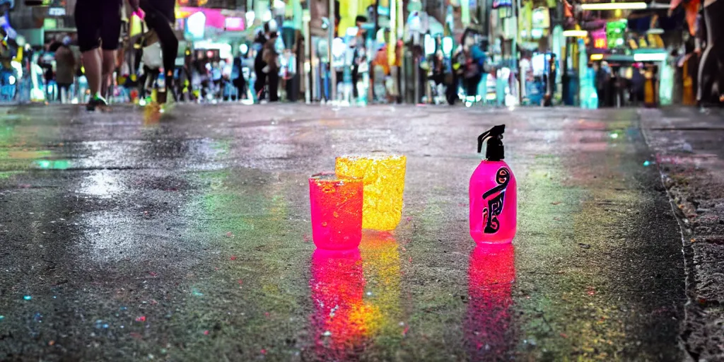 Image similar to ad truly seltzer can day glo lighting, professional photography, dutch angle, sweat and reflections, 8k