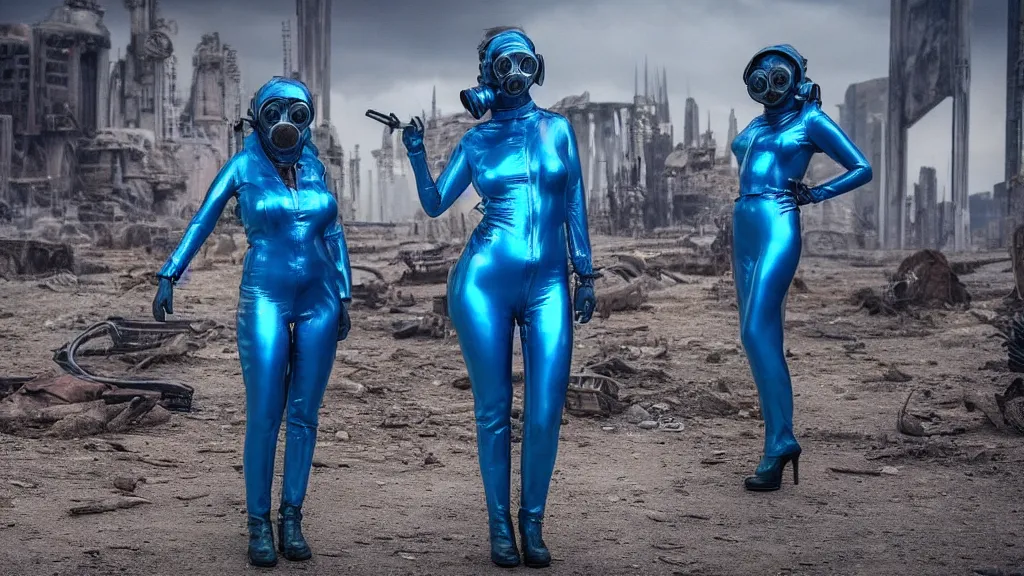 Prompt: big budget scifi movie set in postapocalyptic world with alien brainsuckers sexy female cyborg in shiny blue rubber and gas mask standing near time portal