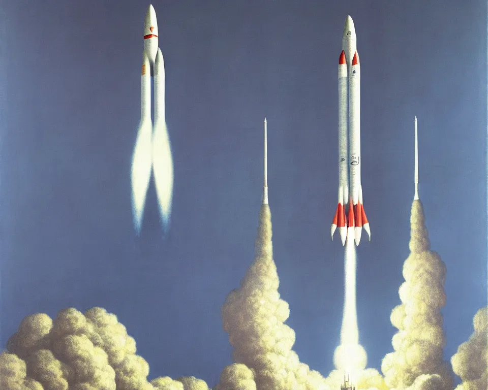 Prompt: an achingly beautiful print of a Saturn V rocket lifting off from the launchpad by Raphael, Hopper, and Rene Magritte. detailed, romantic, enchanting, trending on artstation.