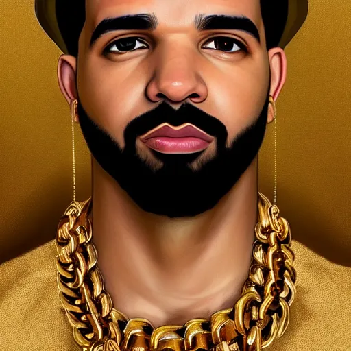 Prompt: highly detailed portrait of drake wearing a gold crown and gold chains, realistic portrait, symmetrical, highly detailed, digital painting, artstation, concept art, smooth, sharp focus, illustration, cinematic lighting, art by artgerm and greg rutkowski and alphonse mucha