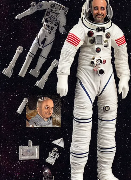 Image similar to richard garriott, action figure of richard garriott astronaut, realistic face, detailed product photo