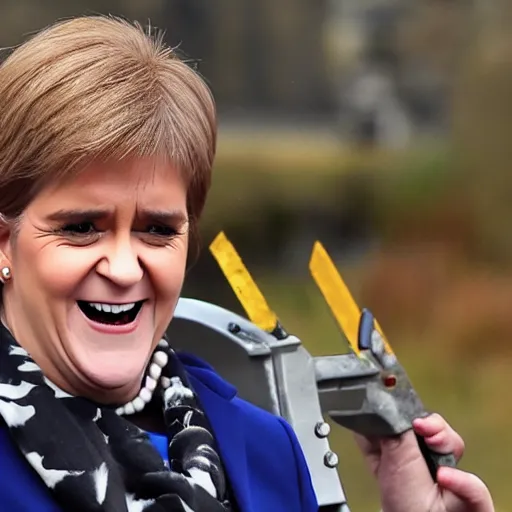 Image similar to Nicola sturgeon happily sawing through the border between england and scotland. Daily Telegraph.
