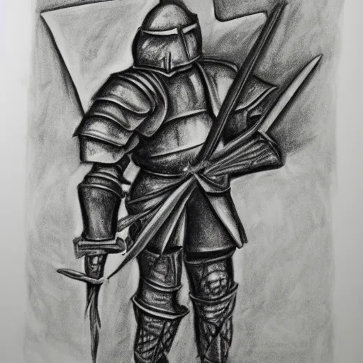 Image similar to a charcoal drawing of a full armored knight holding up a cannabis leaf. parchment paper. high details.