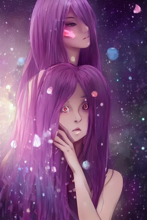 Image similar to whimsical, anime, 4k, beautiful intimate woman with professional makeup, long purple hair, a crystal and flower dress, sitting in on a reflective pond underneath the stars, rainbow fireflies, trending on patreon, deviantart, twitter, artstation, subtle and detailed, heavy contrast, art style of Ross Tran and Ilya Kuvshinov