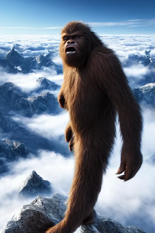 Prompt: a hyper detailed photo of a realistic sasquatch guiding you across a summit of a beautiful mountain range, above the clouds, photorealistic, unreal engine 5, 8 k post production, cinematographic, ray tracing, v - ray, octane render, go pro, wlop, artstation trending, concept art