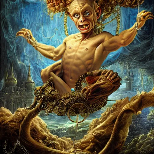 Image similar to Putin as Mystical Gollum, Realistic, Regal, Refined, Detailed Digital Art, Michael Cheval, Walt Disney (1937), François Boucher, Oil Painting, Steampunk, Highly Detailed, Cinematic Lighting, Unreal Engine, 8k